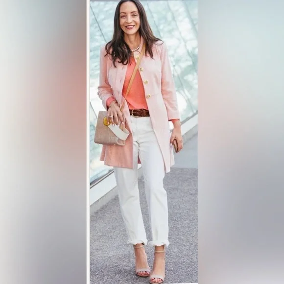 CAbi Take 5 Long Topper Jacket Coat Pink Tweed Button Front Sz M Career Stretch - Picture 3 of 15